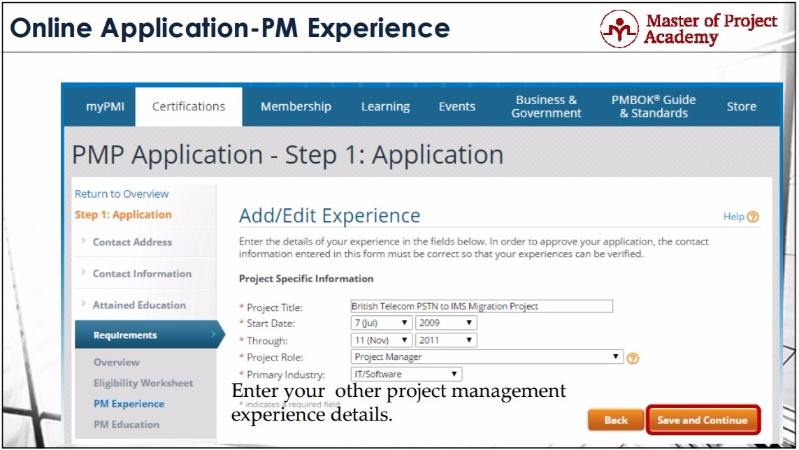 pmp certification application experience example